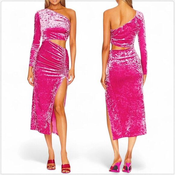 Saylor Niamh Pink Stretch Velvet Asymmetrical Side Cut Out Midi Dress NWT New XS - Picture 1 of 9